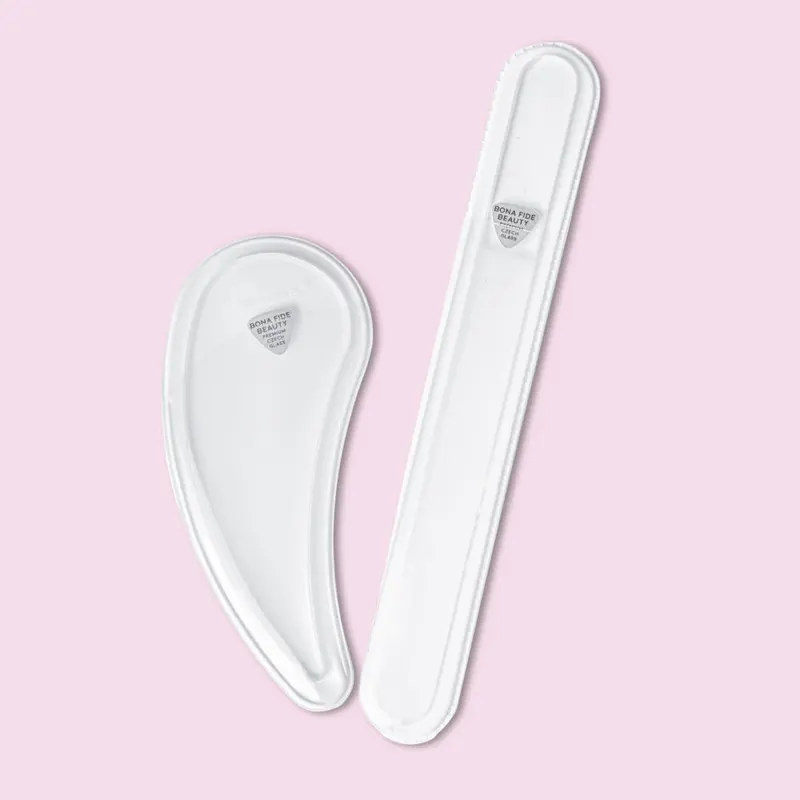 Bona Fide Beauty Drop Ergonomic 3.3 in Czech Glass Nail File Set (Clear) - Curved Edge Manicure Tool, Smooth Nails, Seals Keratin Layers, Less Splitting, Almond Shaping, Few Strokes - Reusable for Adults