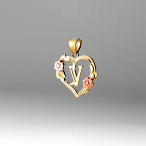14K Gold Heart Letter V Pendant with Flowers | A-Z Pendants