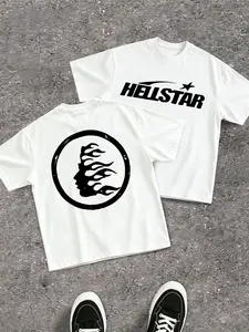 Hellstar Flame Portrait Print T-Shirt, Unisex High Street Fashion, Short Sleeve Loose-Fit Casual Top, Long Clothing for Men and Women