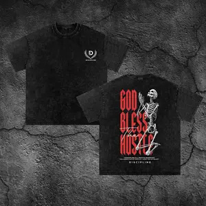 God Bless Hustle Graphic Oversized Washed Cotton Baggy Men's Gym Top - Discipline, Mentality, Strength, Focus, Obsessed, Motivation, Keep Going, Stoicism - Menswear Train Clothing, Workout Wear