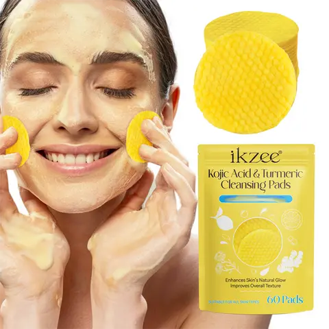 【NEW】Ikzee Kojic Acid & Turmeric Exfoliating Pads Facial Cleanser with Vitamin C - 60 Face Wash Wipes for Adults' Daily Routine, Cosmetic Makeup Remover, Makeup Cleansing, Glowing Skin & Skincare Comfort