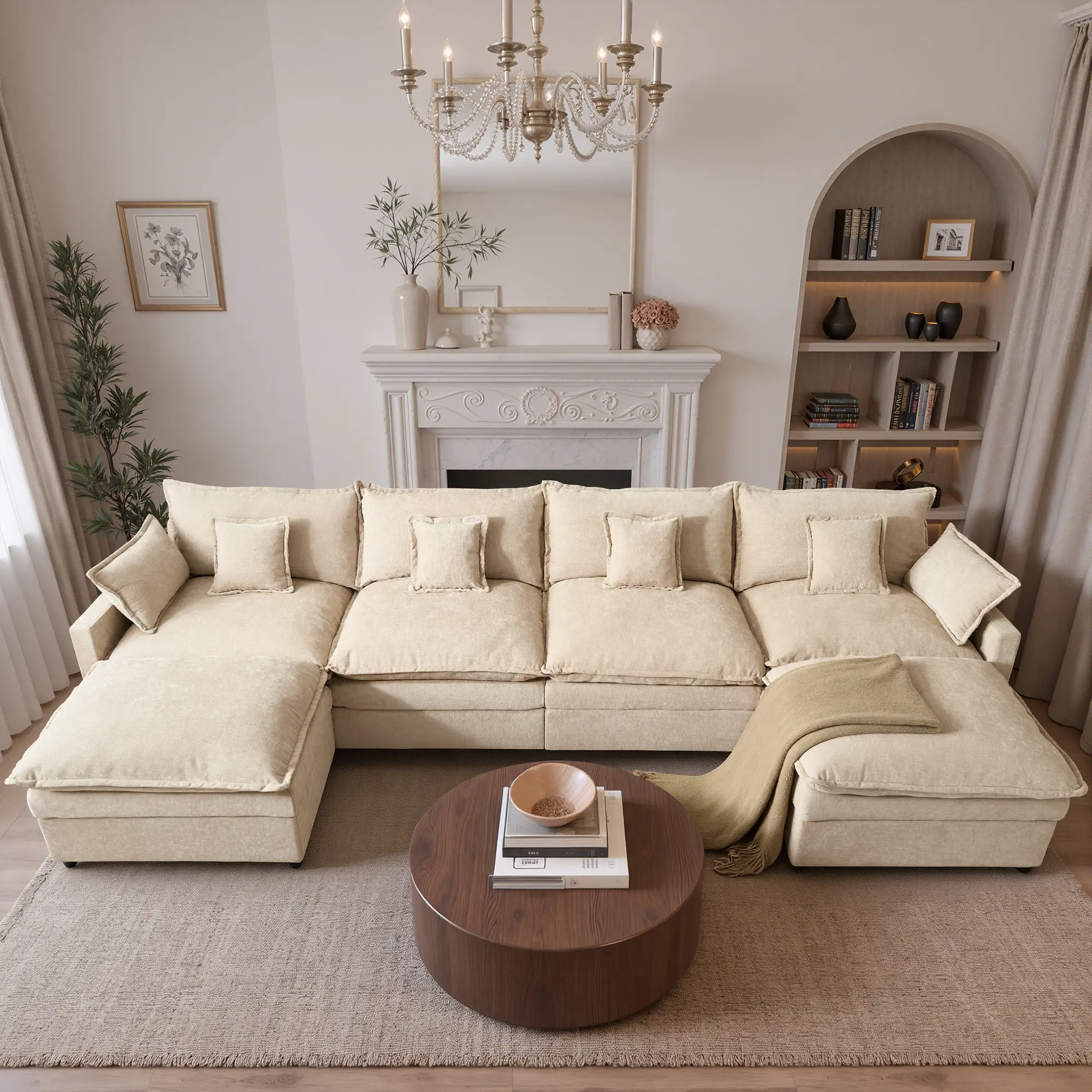 142" Oatmeal Chenille U Shaped with 2 Ottoman