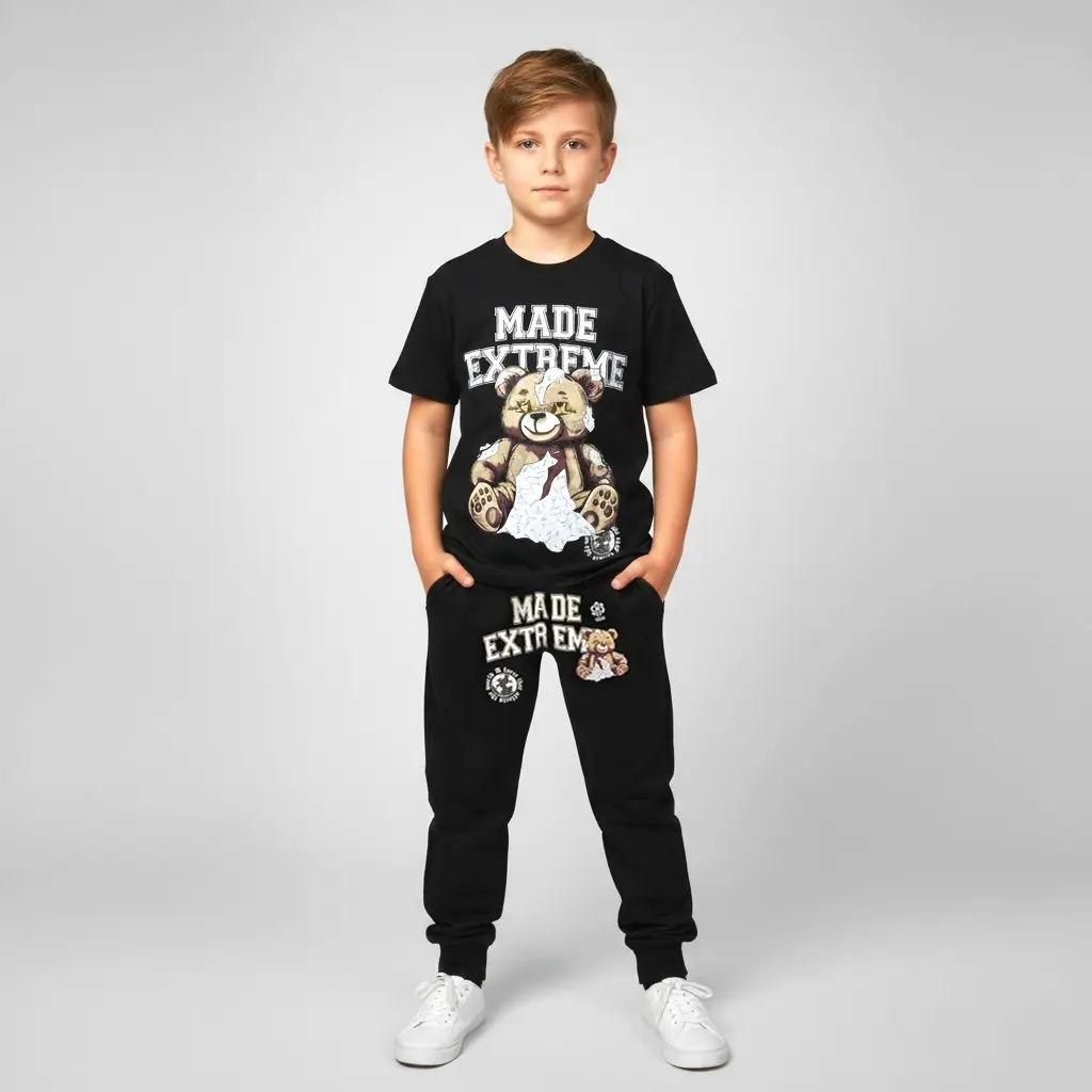 Made Extreme Teddy Bear Graphic T-Shirt & Jogger Set Edgy Black Kids' Streetwear Outfit for Trendy Active Kids Comfortable Stylish