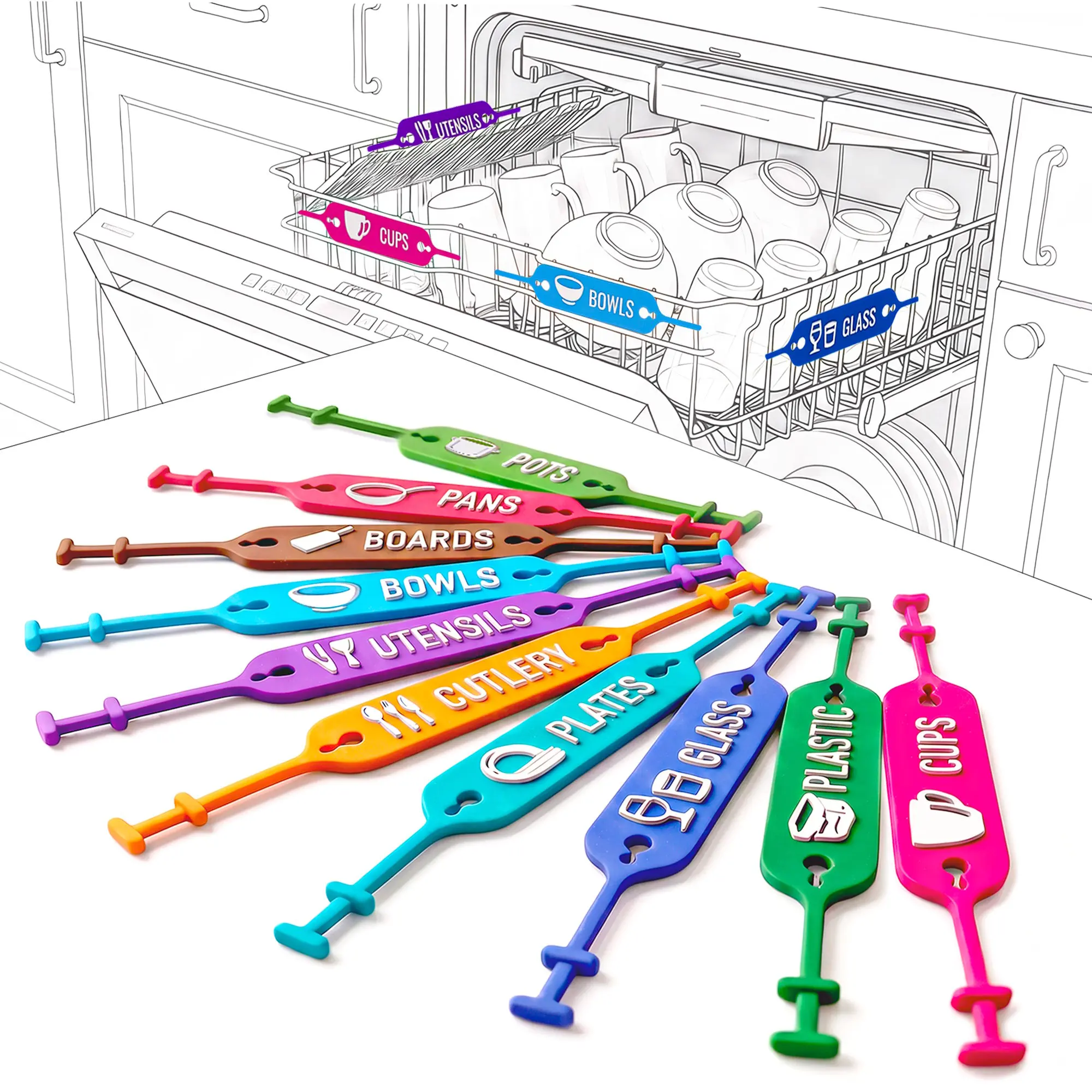 Dishwasher Loading Guide Signs for Kids Chores & Families | Chore Board Addition | Silicone Waterproof Labels for Kitchen Organization, Heat Safe, Food Grade, Never Fall Off, Fits All Racks, Set of 10