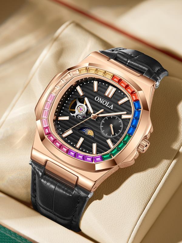 Onola Men's Fashion Business Mechanical Watch, Hollow Out Tourbillon Design, Automatic Wind-Up, 3atm Water Resistant, Fashionable Waterproof Watch, Perfect Christmas Gift