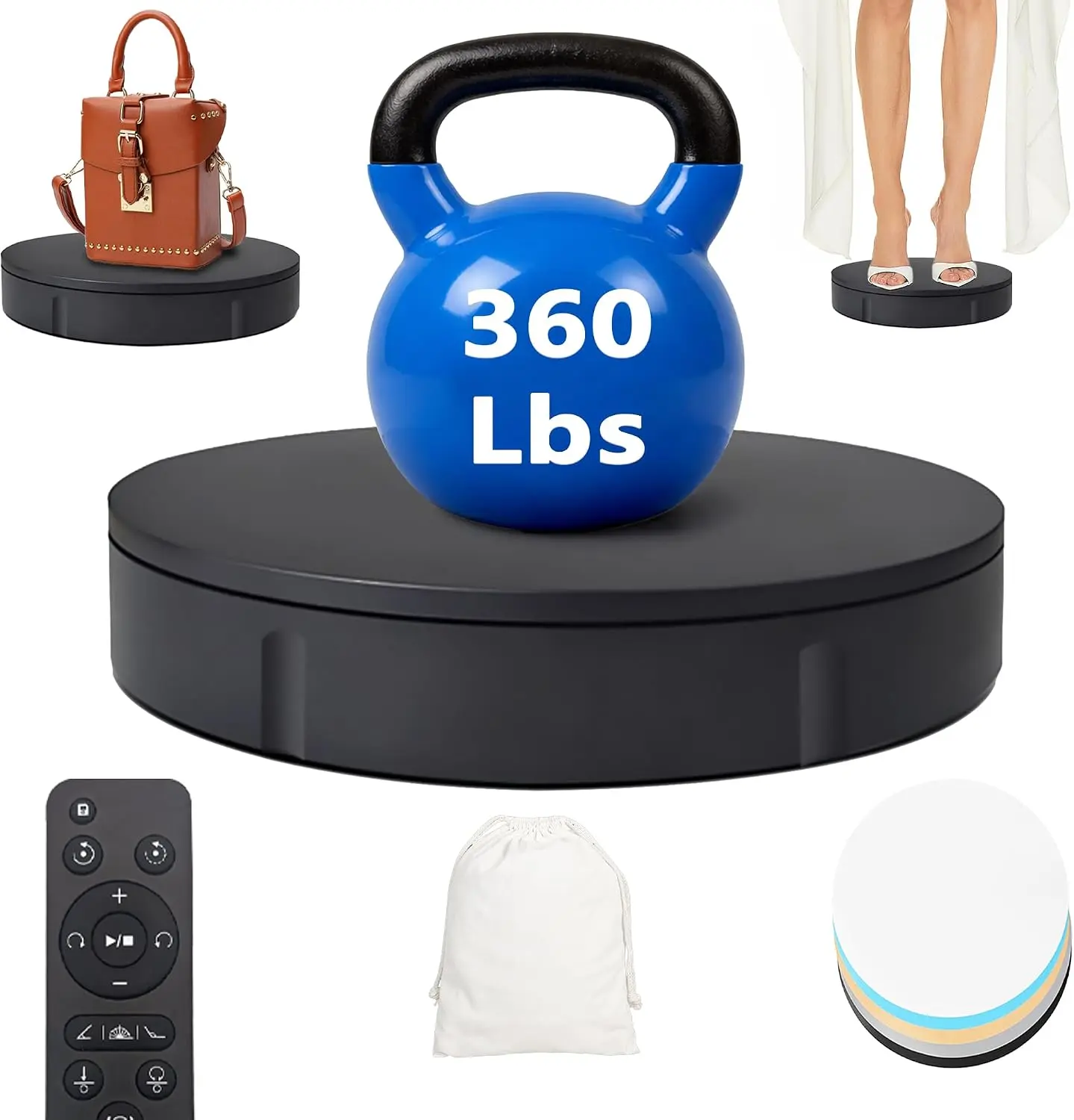 Rotating Platform 12Inch/360lbs Capacity, 360 Degree Rotating Display Stand, Rotating Turntable for Photography, Remote Motorized Electric Turntable with 5 Colour Surface Covers and Carry Bag