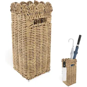 16.5" Woven PE Rattan Umbrella Stand for Entryway, Scalloped Square Umbrella Holder Basket with Removable Drip Tray, Fits Umbrellas Walking Sticks Wrapping Paper, Ideal for Farmhouse Porch Decor