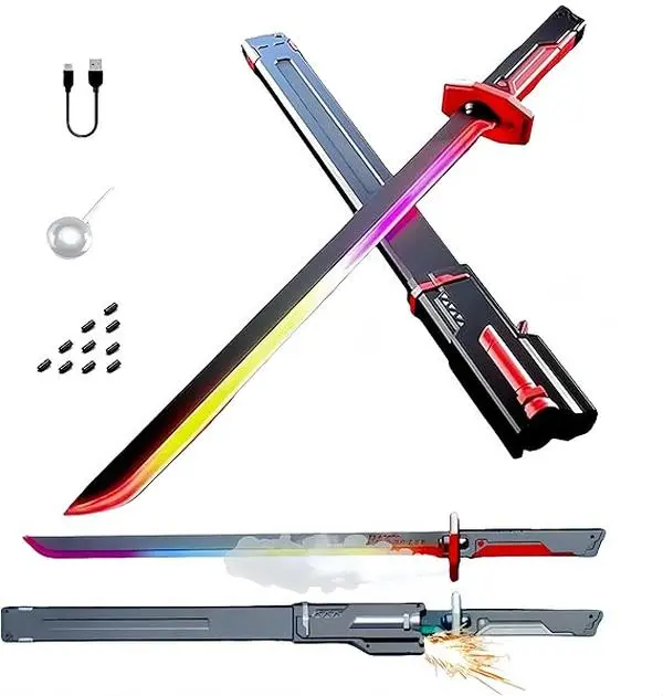 Cyberpunk Neon Lightsaber Sword Toy, 31.5 InchSpark Effect Blade with Hit Sensor Sound Effects &Fog Spray Function, Type-C USB RechargeableLight Up Saber, Ideal Prop for Rave Party, CosplayPerformance and Home Display Decoration