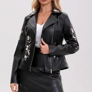 Women's Faux Leather Jacket Embroidered Floral Moto Biker Coat Lapel Long Sleeve Zip Up Jackets Plus Size With Zipper Pockets Black Brown White S-2XL