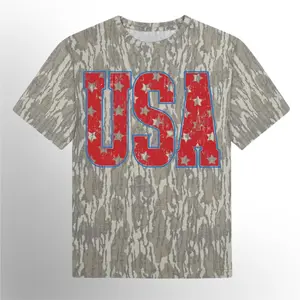 USA Camo Tee - Bold Varsity Letter, Mossy Oak Camouflage Bottomland Outdoors - Hunting Camo Shirt, Cotton Soft Stretch, Full Size S-5XL