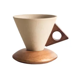Summervibes Ceramic Coffee Cup Set with Acacia Wooden Saucer Natural Earthiness Finish Durable Porcelain Mug for Espresso Latte Cappuccino Tea Gift for Coffee Enthusiasts Sustainable Design Drinkware Aesthetic Summervibes