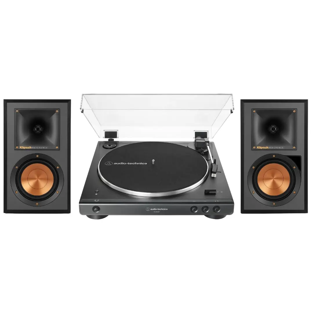 Klipsch The Sevens Heritage-Inspired Powered Audio Speakers (Walnut) Bundle with 60XBT-BK Compact Fully Automatic Belt-Drive Magnetic Vinyl Turntable, Bluetooth Connectivity, Built-In Amplifier, Subwoofer & Aluminium Remote Control