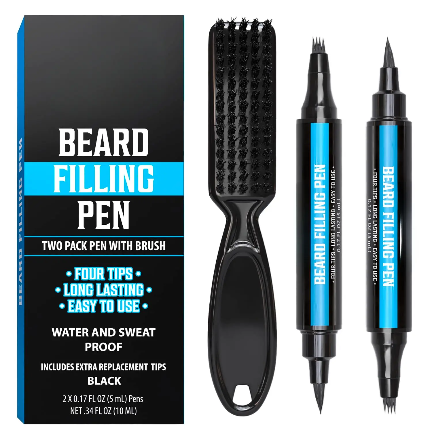 Beard Pen (2 Pack)- Black Beard Pencil Filler for Men Lapiz para Barba de Hombre - Beard Filler for Men Waterproof Beard Filling Pen Kit- Long Lasting Beard Filler Pen with Brush