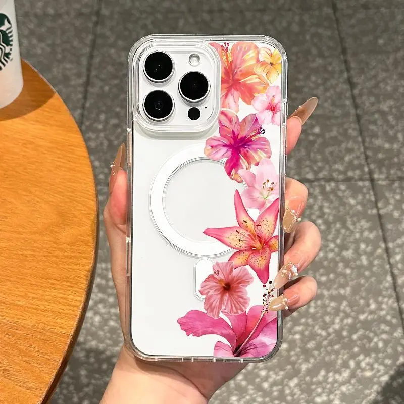 Girly Floral Magnetic Smartphone Case for iPhone 11/12/13/14/15/16-Pro Max, MagSafe Ready, Slim Fit, Drop-Resistant Handheld Device Protection, Ideal for Soft Girl Aesthetic, Devices