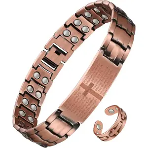 MagEnergy 2X Copper Magnetic Bracelet for Men,Ultra Strength Cross Bracelet With Ring Include Adjustable Link, Jewelry Gift