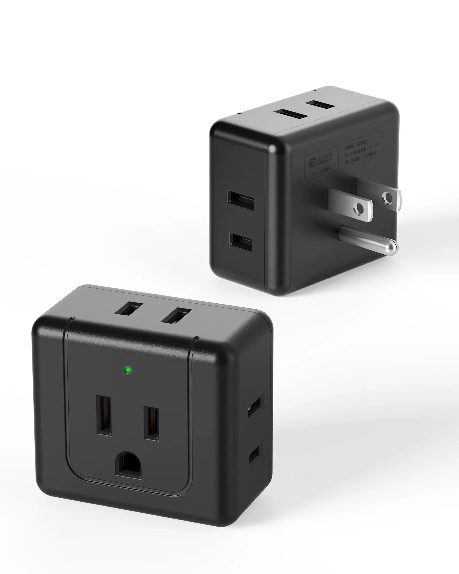 SUPERDANNY 2 Pack Wall Outlet Extender, 5 Way Outlet Splitter, 90 Degree Plug Adapter, 3 Prong Flat, 5 Plug Outlet Adapter, Home/Dorm, Black Power Soc