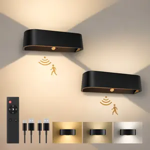 Motion Sensor Wall Light with Remote Control 3 Colors Wireless Wall Lamp LED Indoor Up and Down Wall Sconce Rechargeable Battery Powered Wall Lamps Brightness Adjustable, Black 2 Pack