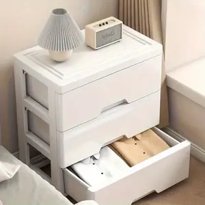3-Drawer Plastic Storage Cabinet, Nightstand Cabinet, Features thickened dustproof design, smooth surface, minimalist white style, suitable for storing home office essentials, modern clear front easy viewing, versatile bedroom storage