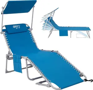 # WEJOY Folding Lounge Chair with Canopy Shade, Portable Adjustable 5-Position Patio Chaise Lounger with Pillow & Storage Pocket for Lay Flat Outdoor Lawn Backyard Beach Camping Pool Tanning (Blue)