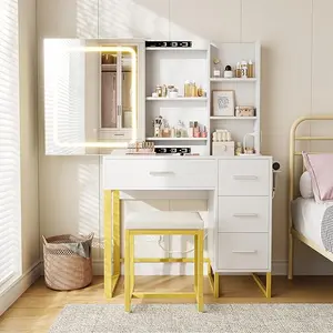 Dresser Set with Electrical Outlet 4 Drawer Storage Cabinet Dresser with Sliding Mirror and Lighting Bedroom Dresser with Stool, Open Shelf 3 Colors Lighting Pattern vanity  desk  withdrawers makeup  vanity  storage