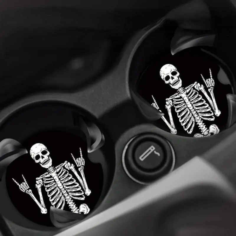 Skeleton Pattern Car Coaster, Anti-slip Car Cup Mat, Car Interior Decoration Accessories for Men & Women, Halloween, Gothic Car Accessories, Automotive Decorative Accessories, Car Interior Accessory