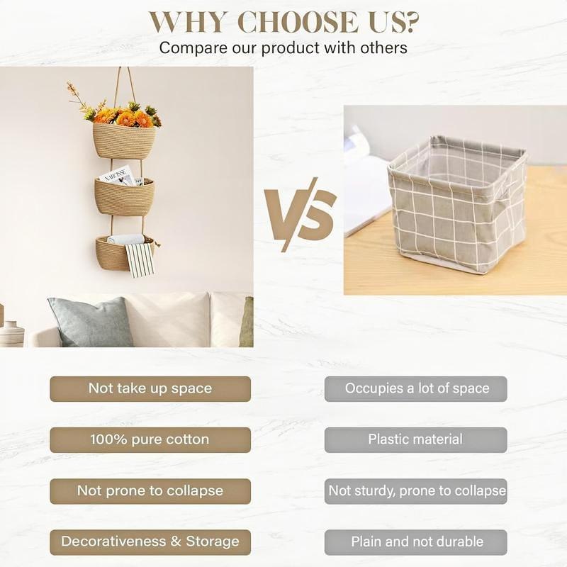 3-Tier Over the Door Storage Basket, Woven Cotton Wall-Mounted Organizer for Nursery, Diapers, Toys, and Home Storage