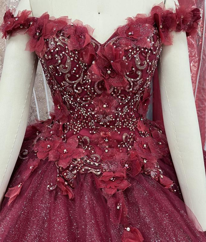 NO.34 Flowers and Metallic Lace Sparkle Tulle Quinceañera Dress schiaparelli  wedding dress white charro  dress club cocktail plus  size mini tube plain mature blue dress quince Sequins Off-Neck sequin dress Womenswear Formal party maxi