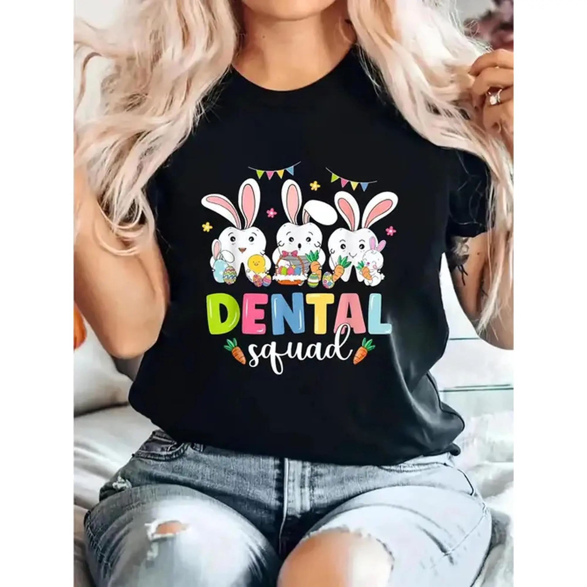 Women's Cotton Graphic T-Shirt, Funny Easter Dentist Bunny Print, Fitted Short-Sleeve Crewneck for Casual Chic Spring Wear, Dental Gift, Top