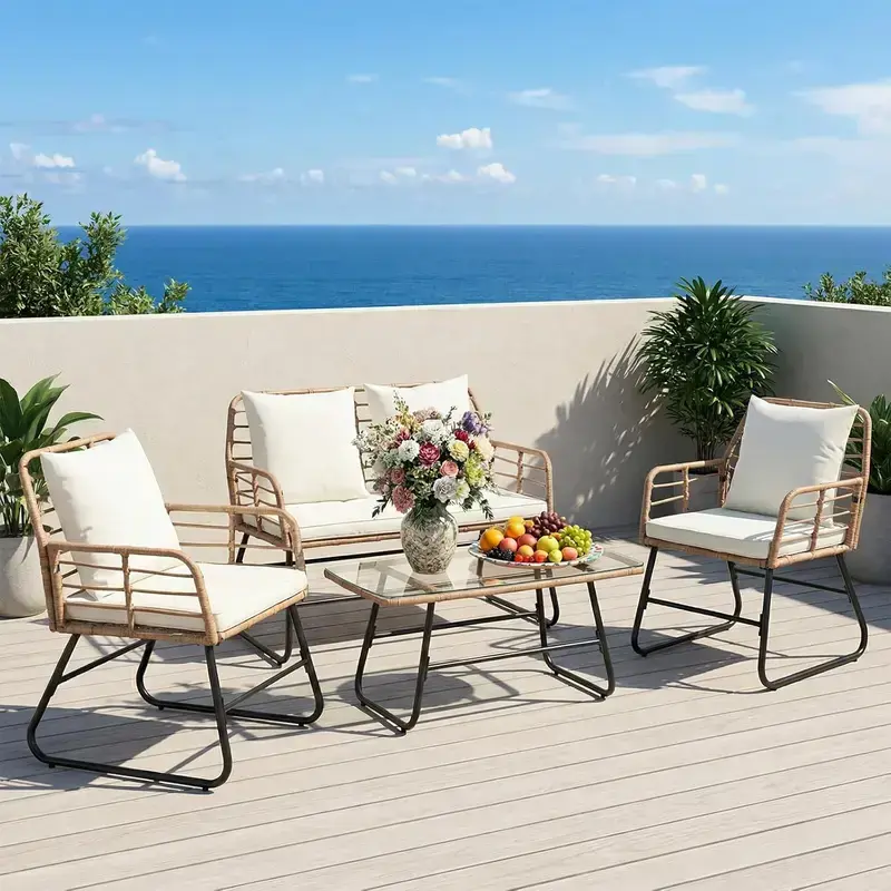 4 Piece Outdoor Dining Set, Patio Table and Chairs Set with Sofa, 2 Chairs & Glass Top Table, Rattan Furniture for Outdoor Dining, Backyard, Deck