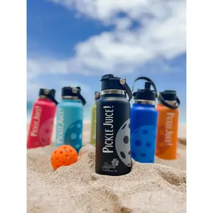 Black Lava PICKLEJUICE! Pickleball Water Bottle 32oz Drinkware Lid Portable Stainless Bottle Silicone Boot Sturdy