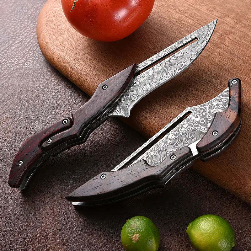 Vintage Wood Finish Damascus Blade Kitchen Knife - Compact Portable Efficient Prep Tool for Daily Cooking, Fruit Cutting, Knives