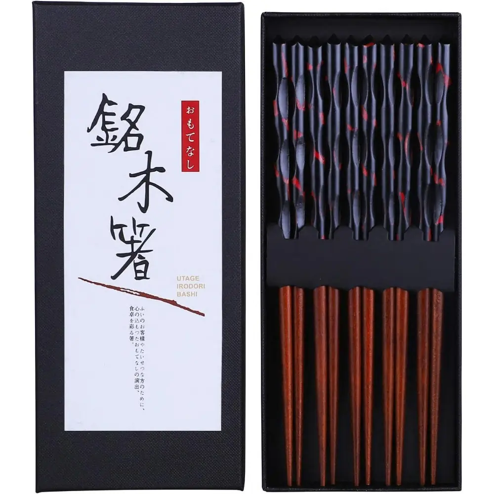 9-in Natural Wood-Carving Style Japanese Chopsticks Set - 5 Pairs Reusable 22.8cm Hardwood Kitchenware, Dishwasher Safe, Durable Japanese Minimalist Style Gift Set, Tableware