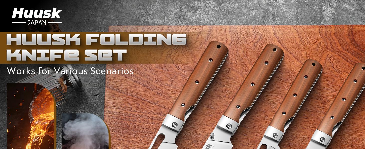 Huusk Folding Chef Knife Set - Including Nakiri, Santoku, Bread and Fruit Knives - EDC Kitchen Knife Set with 440C Stainless Steel Ultra Sharp Blade - Japanese Pocket Knives for Gift Giving