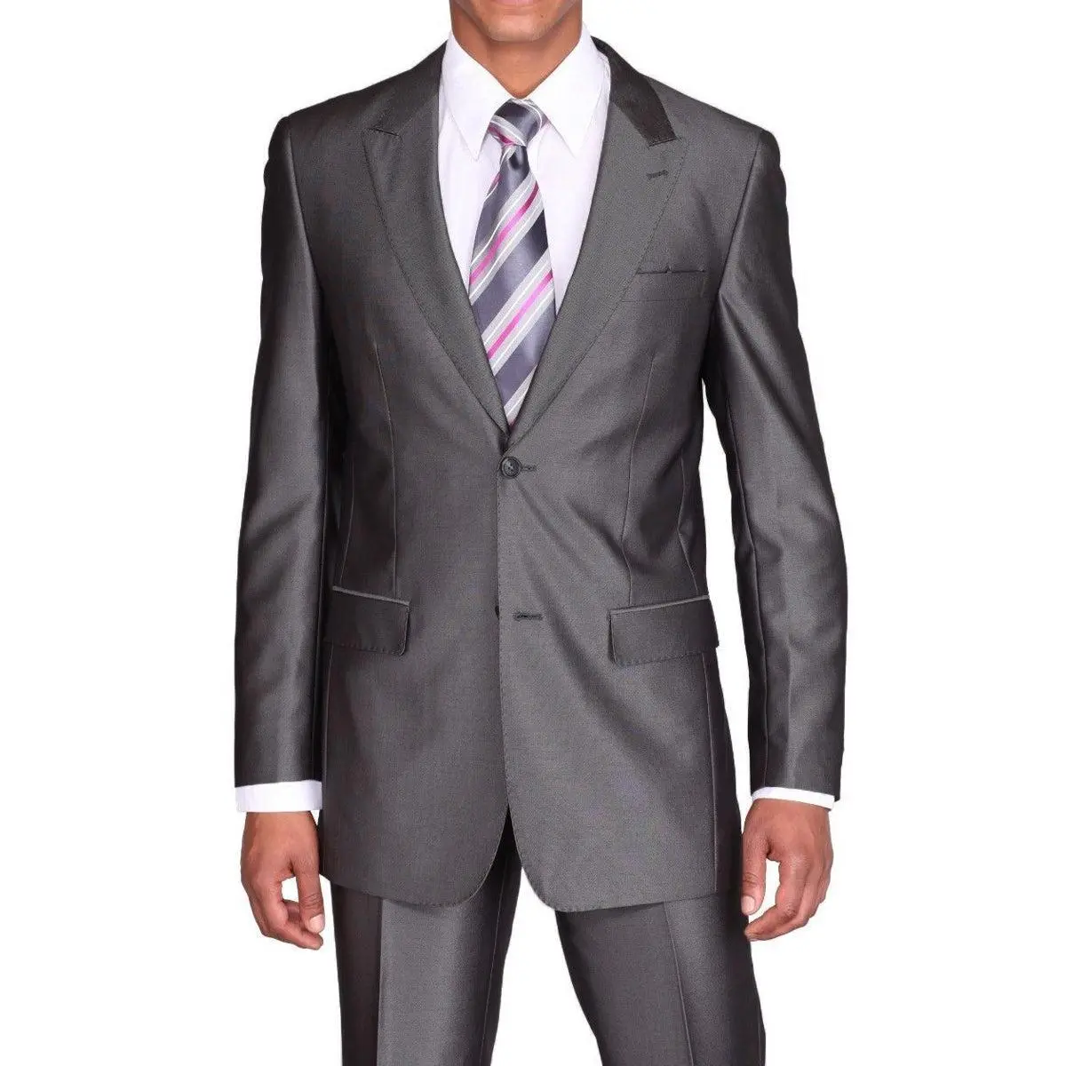 Mens 2 Button Slim Fit Peak Lapel Shiny Sharkskin Suit in Charcoal Grey