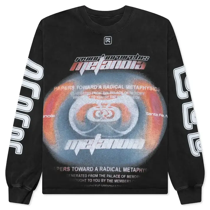 RIVINGTON Radical Metaphysics Graphic Long Sleeve Shirt, Futuristic Abstract Front Print, Y2K Streetwear Top