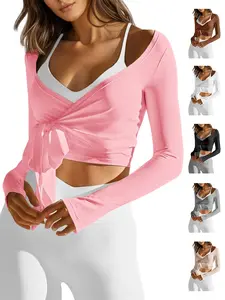 Fisoew Womens Tie Front Shrug Wrap Long Sleeve Crop Tops Casual Lightweight Ballet Pilates Yoga Active Shirts