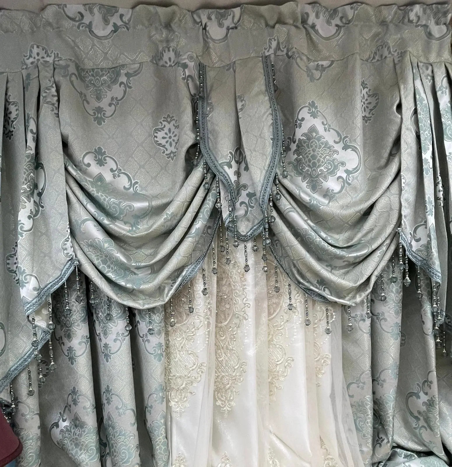 Tina Aqua Luxury Curtains 5Pc Set With Monalisa Embroidered Middle Panels & Backing