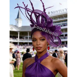 Ladies Purple Feather Hair Pillbox Fascinator Hat Women Elegant Royal Ascot Mesh Headwear Ladies Event Wedding Veils Fascinators