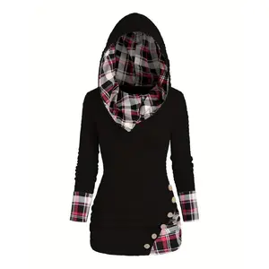 Women’s Autumn–Winter Knitted Cardigan Sweater, Hooded Plaid Twist-Knot Pullover, Faux-Button Crinkle Shawl Collar, Casual Fashion