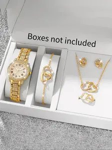 Women's Elegant Fashion Watch & Fashionable Jewelry Set, Round Dial Analog Quartz Watch & Bracelet & Necklace & Ring & Earrings, Exquisite Watch Set with Box