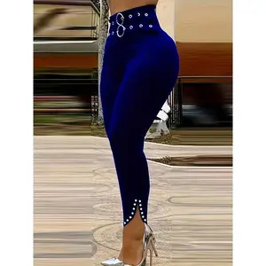 Women’s Elegant High-Waisted Slim-Fit Pants, Fashionable Eyelet Details and Rhinestone Embellishments, All-Season Versatile Red Pants – Polyester Fiber, Machine Washable, Women’s Pants