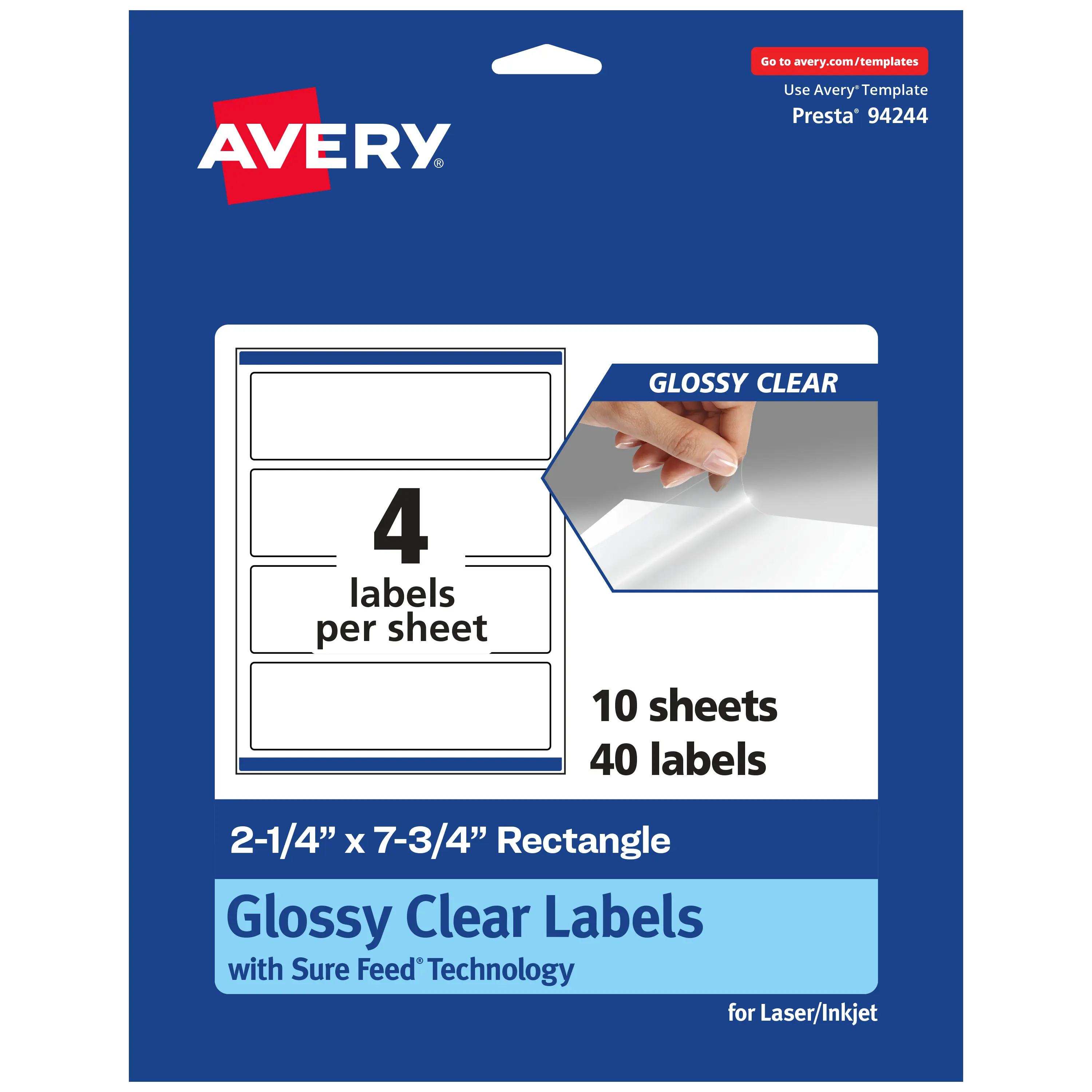 Avery Glossy Clear Rectangle Labels with Sure Feed, 2.25" x 7.75"