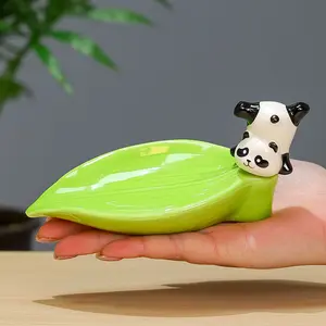 Ceramic Bamboo Leaf Panda Soap Box, Home Decor Ornament, Drainage No Drilling Bathroom Shelf, Soap Holder, Soap Container