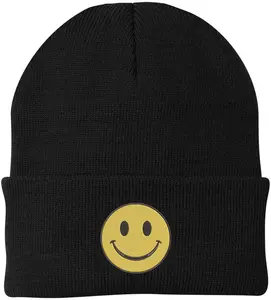 Smiiley Face Embroidered Beanie Hat | 100% Acrylic Knitted Winter Unisex Skull Cap