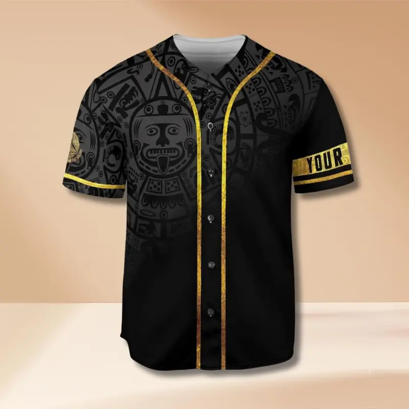 Mexico Aztec Black Gold Baseball Jersey with Eagle Crest – Custom Name Personalized Mexican Pride Heritage Shirt 3D Print Gift for Men Women -  Men's Sportswear for Training & Competition