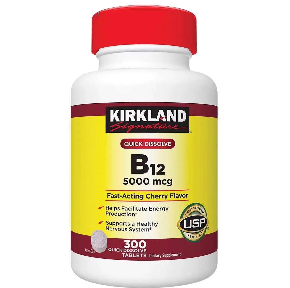 Kirkland Signature Quick Dissolve B-12 5000 mcg 300 Tablets Edible Supplement for Adults Fast Acting Cherry Flavor USP Certified
