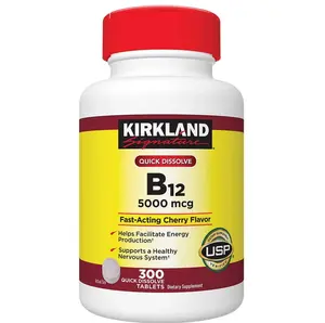 Kirkland Signature Quick Dissolve B-12 5000 mcg 300 Tablets Edible Supplement for Adults Fast Acting Cherry Flavor USP Certified