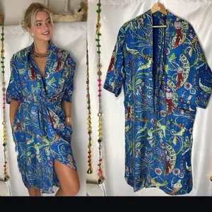 Kantha Robe Blue Multi Jacket Floral Kantha Robe Exotic Bird Lover Warm Gift