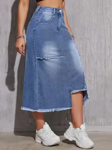 Palda Women's Casual Stretch Mid Rise Long Denim Skirt with Furry Edges & Zipper - Comfortable Flex Waistband & 2-Back Pockets - Elegant Streetwear Style