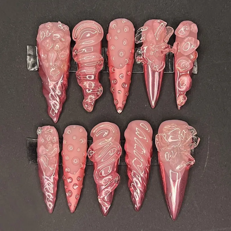 Pink Chrome 3D Press On Nails Water Drop Jelly Nails Set